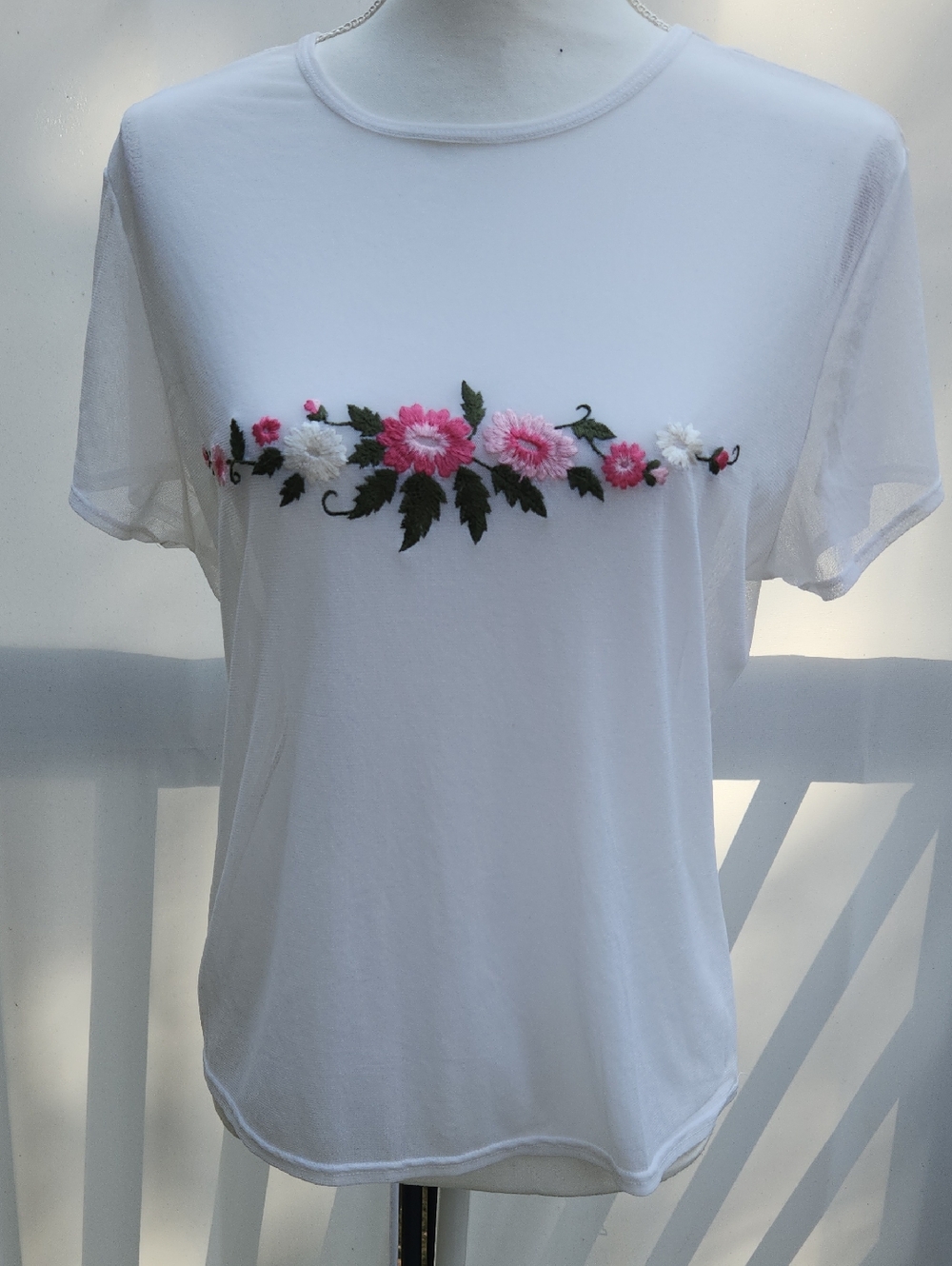 White Floral Embroidered Mesh Baby Tee Sheer Y2k Cottagecore Grunge